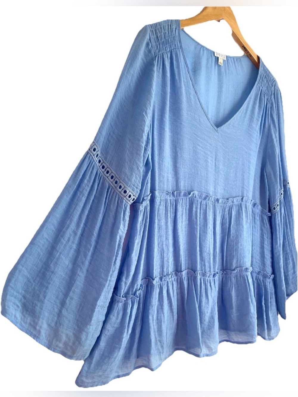 Spense Women’s Top Size Large Tunic V-neck Tiered Cornflower Blue Swing Babydoll